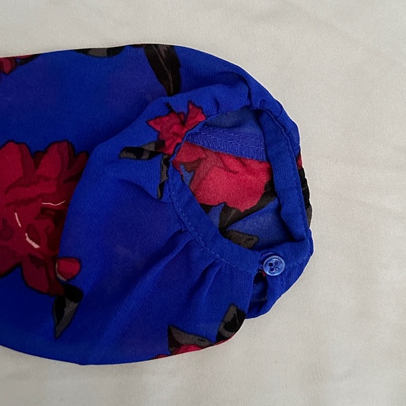 Sheer Peplum Blue Floral Blouse Tie-Back Elastic Waist Size Small - Picture 4 of 7